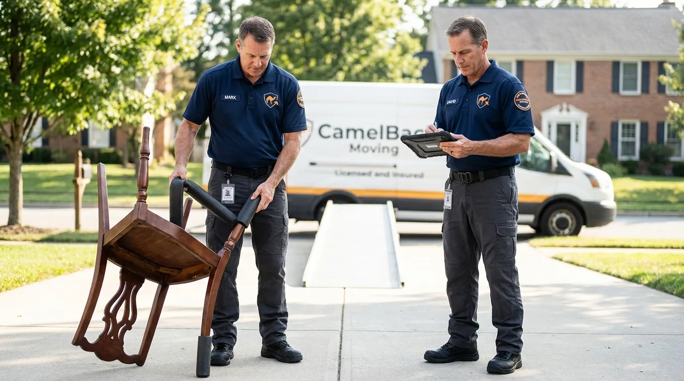 Movers inspecting furniture for damage prevention before loading in Waupun, WI