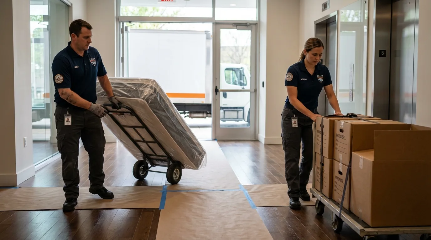 Professional apartment movers loading elevator in Waupun, WI